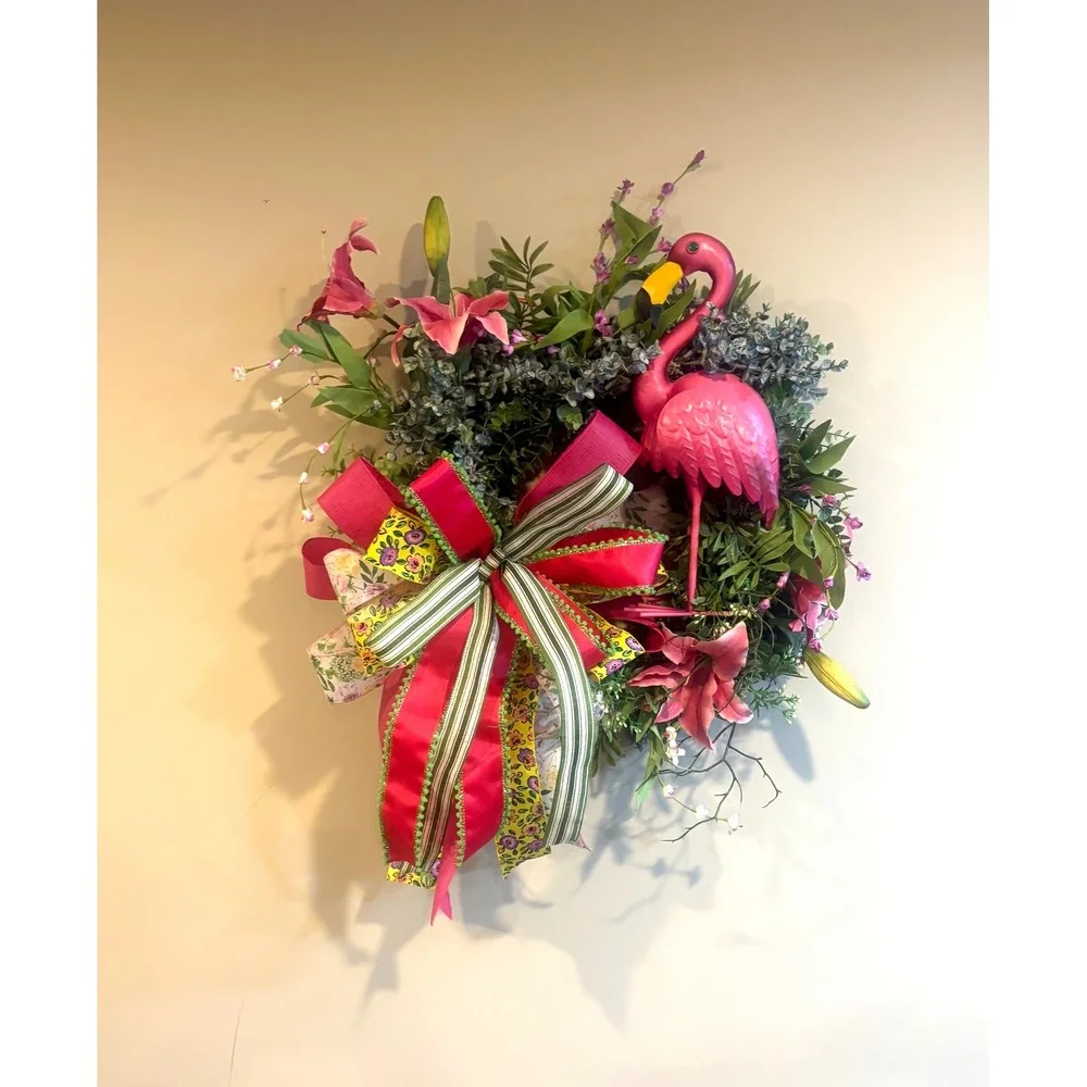 Tropical Pink Flamingo Front Door Wreath Summer‎ Floral Decor Pink Lily Greenery